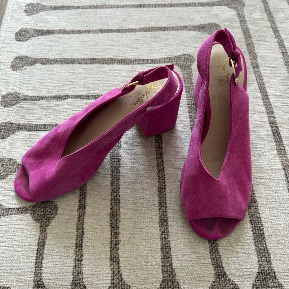 Seychelles Hot Pink Suede Peep Toe Sling Back Heels - Size 7.5 (Anthropologie)